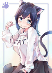 Rule 34 | 1girl, alternate costume, alternate sleeve length, animal ears, black hair, black skirt, blue eyes, cat ears, cat tail, clothes writing, hair down, hair ornament, hairclip, highres, kantai collection, kemonomimi mode, long hair, looking at viewer, paw print, skirt, solo, souryuu (kancolle), sweater, tail, taisho (gumiyuki), white background, white sweater