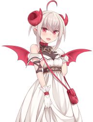 Rule 34 | 1girl, :d, ahoge, amane hasuhito, bag, bare shoulders, blush, breasts, collar, curled horns, demon girl, demon horns, demon wings, dress, dyed ahoge, fang, gloves, handbag, horns, looking at viewer, makaino ririmu, makaino ririmu (1st costume), nijisanji, open mouth, pointy ears, red eyes, short hair, silver hair, simple background, skirt hold, small breasts, smile, solo, standing, virtual youtuber, white background, white dress, white gloves, wings