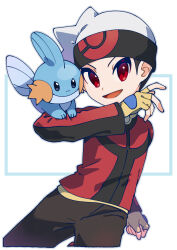 Rule 34 | 1boy, :d, absurdres, beanie, brendan (pokemon), brown pants, commentary request, creatures (company), fingerless gloves, game freak, gen 3 pokemon, gloves, hand up, hat, highres, jacket, long sleeves, looking at viewer, male focus, mudkip, nintendo, omochi (omotimotittona3), open mouth, pants, pokemon, pokemon (creature), pokemon adventures, pokemon on arm, red eyes, red jacket, short hair, smile, tongue, white headwear, yellow gloves