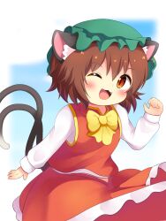 Rule 34 | 1girl, ;3, ;d, animal ear fluff, animal ears, blue background, blurry, blurry background, blush, bow, bowtie, brown eyes, brown hair, cat ears, cat tail, chen, commentary request, cowboy shot, fangs, gold trim, green hat, hair between eyes, hand up, hat, highres, koruk700, looking at viewer, mob cap, multiple tails, nekomata, one eye closed, open mouth, red skirt, red vest, short hair, simple background, skirt, skirt set, slit pupils, smile, solo, tail, touhou, two tails, vest, white background, yellow bow, yellow bowtie