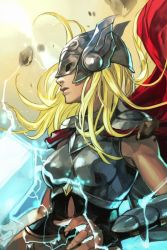Rule 34 | 1girl, armor, blonde hair, breasts, cape, closed mouth, hammer, helmet, hungry clicker, long hair, marvel, mjolnir (marvel), solo, thor (jane foster)