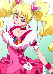 Rule 34 | 00s, 1girl, blonde hair, choker, cure peach, earrings, fresh precure!, gradient background, green background, hair ornament, heart, heart earrings, heart hair ornament, jewelry, long hair, looking at viewer, magical girl, momozono love, oimanji, pink eyes, precure, smile, solo, twintails