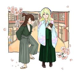 Rule 34 | 2girls, artist request, blonde hair, book, cherry blossoms, commentary request, diana cavendish, closed eyes, grin, hakama, hakama pants, japanese clothes, kagari atsuko, kimono, little witch academia, multiple girls, pants, petals, smile, taishou era, town