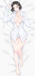 Rule 34 | 1girl, barefoot, bed sheet, black hair, blush, breasts, cleavage, commission, dakimakura (medium), from above, full body, heart, heart necklace, highres, long sleeves, looking at viewer, lying, medium breasts, mole, mole under eye, necklace, no shoes, on back, parted lips, red eyes, shirt, short hair, solo, ubi (ekdus6080), white background, white shirt