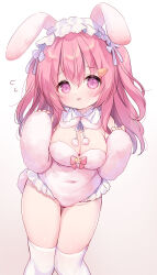 Rule 34 | 1girl, animal ears, blush, breasts, brown background, cleavage, commentary request, covered navel, detached sleeves, flying sweatdrops, frilled leotard, frills, gluteal fold, gradient background, groin, hair between eyes, hair ornament, hairclip, hands up, highres, large breasts, leotard, long sleeves, looking at viewer, original, pink hair, pink leotard, pink sleeves, purple eyes, rabbit ears, sakura (usashiro mani), sleeves past wrists, solo, strapless, strapless leotard, thighhighs, two side up, usashiro mani, white background, white thighhighs