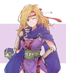 Rule 34 | 2girls, ;), alonemistrist, arm guards, blonde hair, blue eyes, fingerless gloves, fire emblem, fire emblem: radiant dawn, fire emblem heroes, gloves, green eyes, green hair, hand on own hip, headband, heart, heather (fire emblem), heather (ninja) (fire emblem), helmet, japanese clothes, long hair, looking at viewer, multiple girls, nephenee (fire emblem), ninja, nintendo, official alternate costume, one eye closed, scarf, smile