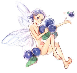 Rule 34 | 1girl, bad id, bad pixiv id, blueberry, completely nude, fairy, fairy wings, flat chest, food, fruit, full body, kuzuvine, leaf, looking at viewer, mini person, minigirl, navel, nude, original, purple eyes, purple hair, short hair, simple background, smile, solo, white background, wings