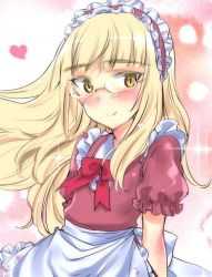 Rule 34 | 1girl, alternate costume, aohashi ame, apron, blonde hair, bow, bowtie, closed mouth, dress, enmaided, frilled sleeves, frills, glasses, hairband, heart, lolita hairband, maid, perrine h. clostermann, pink dress, pink hairband, puffy sleeves, red bow, red bowtie, rimless eyewear, smile, solo, sparkle, strike witches, upper body, waist apron, white apron, wind, world witches series, yellow eyes