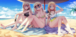 Rule 34 | 4girls, alternate costume, barefoot, beach, beach towel, beach umbrella, bikini, blonde hair, blue eyes, blue hair, blue headwear, blue one-piece swimsuit, blue sky, breasts, camera, can, cang se ye hua, casual one-piece swimsuit, cloud, collarbone, commentary request, covered navel, day, energy drink, eyewear on head, galo (warship girls r), green bikini, hair ornament, hairband, hairclip, hat, highres, holding, holding camera, holding can, large breasts, lexington (cv-16) (warship girls r), lexington (warship girls r), long hair, mini hat, monster energy, multicolored clothes, multicolored swimsuit, multiple girls, navel, ocean, one-piece swimsuit, one eye closed, outdoors, palm tree, photoshop (medium), quincy (warship girls r), revision, sand, sandals, saratoga (warship girls r), sitting, sky, sunglasses, swimsuit, towel, tree, umbrella, v, very long hair, warship girls r, wet, white hairband, white one-piece swimsuit, yellow one-piece swimsuit