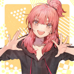 Rule 34 | 1girl, :d, ahoge, black hoodie, blush, character request, collarbone, commentary request, copyright request, earrings, eyelashes, hands up, happy, hood, hoodie, jewelry, long hair, open mouth, pink hair, smile, solo, spread fingers, teeth, tongue, upper teeth only, v-neck, zuizi
