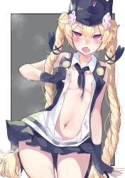 Rule 34 | 1girl, absurdres, areola slip, bad id, bad pixiv id, bare shoulders, black gloves, black hat, blonde hair, blouse, blunt bangs, blush, braid, breasts, clenched hand, clothes pull, commentary, fang, fang out, fingerless gloves, girls&#039; frontline, gloves, grey background, hair between eyes, hair ornament, hand on own hip, hat, highres, holding, holding clothes, holding shirt, long hair, looking at viewer, moaning, navel, necktie, open clothes, open mouth, open shirt, outstretched hand, pleated skirt, purple eyes, rabbit hair ornament, shirt, shirt pull, skirt, sleeveless, small breasts, solo, sr-3mp (girls&#039; frontline), sweat, torriet, twin braids, twintails, very long hair, white background, white shirt