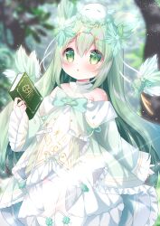 1girl :o bare_shoulders blurry blurry_background blush book borrowed_character breasts commission detached_collar dress fairy frilled_dress frills green_eyes green_hair green_ribbon hair_ornament hamiyamiko holding holding_book light_censor long_sleeves looking_at_viewer off-shoulder_dress off_shoulder original outdoors panties ribbon small_breasts solo thighhighs two-tone_dress underwear white_dress white_panties white_thighhighs wings