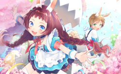 Rule 34 | 1boy, 1girl, :d, :o, animal ears, black choker, blue dress, blue eyes, blue sky, blush, bow, braid, brown hair, choker, cloud, commentary, confetti, day, dress, easter, easter egg, egg, eggshell, frilled choker, frills, green eyes, hair bow, highres, kouhara yuyu, light brown hair, long hair, looking at viewer, low twintails, open mouth, original, outdoors, outstretched arms, puffy short sleeves, puffy sleeves, rabbit ears, red bow, shirt, short sleeves, sidelocks, sky, smile, spread arms, suspenders, twin braids, twintails, very long hair, white shirt, wrist cuffs