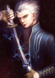 Rule 34 | 1boy, absurdres, bad id, bad pixiv id, blue eyes, capcom, devil may cry (series), devil may cry 3, fingerless gloves, gloves, highres, katana, looking at viewer, male focus, senano-yu, short hair, solo, sword, vergil (devil may cry), weapon, white hair