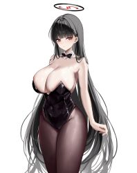 Rule 34 | 1girl, bare arms, black hair, black halo, black leotard, blue archive, blunt bangs, breasts, cleavage, closed mouth, collarbone, covered navel, cowboy shot, detached collar, hair between eyes, halo, highres, large breasts, leotard, long hair, looking at viewer, red eyes, rio (blue archive), sidelocks, simple background, sleeveless, solo, standing, thighs, white background, ya ta