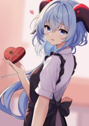 Rule 34 | 1girl, ahoge, apron, black apron, blue eyes, blue hair, blush, breasts, candy, chocolate, chocolate heart, food, from side, ganyu (genshin impact), genshin impact, heart, highres, horns, long hair, looking at viewer, medium breasts, parted lips, shirt, sidelocks, smile, solo, ton ton tontoro, upper body, white shirt