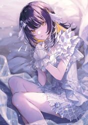 Rule 34 | 1girl, black hair, blonde hair, colored inner hair, dress, feet out of frame, film grain, frilled cuffs, frilled dress, frills, gloves, hair ribbon, head wings, idolmaster, idolmaster shiny colors, ikaruga luca, jewelry, light particles, looking at viewer, medium hair, multicolored hair, necklace, neme, parted lips, ribbon, solo, two-tone hair, white dress, white gloves, white ribbon, wings, yellow eyes