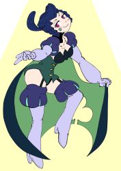 Rule 34 | 1girl, absurdres, beatrix (skullgirls), black hair, boots, border, braid, braided bun, breasts, cape, cleavage, corset, detached collar, garter straps, gloves, hair bun, highres, juliet sleeves, long sleeves, pata n, ponytail, puffy sleeves, purple eyes, purple lips, skullgirls, smile, solo, thigh boots, thighhighs, white border, yellow background
