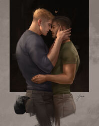 Rule 34 | 2boys, absurdres, arm tattoo, bara, black hair, black pants, black shirt, blonde hair, brown pants, call of duty, call of duty: modern warfare 2, closed eyes, couple, facial hair, ghost (modern warfare 2), green shirt, hands on another&#039;s face, heart, highres, jeleynai, jewelry, large pectorals, looking at another, male focus, multiple boys, muscular, muscular male, pants, pectorals, ring, scar, scar on face, shirt, short hair, soap (modern warfare 2), tattoo, yaoi