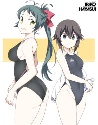 Rule 34 | 2girls, :d, ass, black hair, black one-piece swimsuit, blue eyes, bottle, breasts, character name, closed mouth, clothes writing, collarbone, competition swimsuit, cowboy shot, green eyes, green hair, groin, hair between eyes, hair ribbon, hayasui (kancolle), holding, holding bottle, irako (kancolle), kantai collection, long hair, medium breasts, multiple girls, one-piece swimsuit, open mouth, pocari sweat, ponytail, red ribbon, ribbon, shigino sohuzi, short hair, small breasts, smile, sportswear, swimsuit