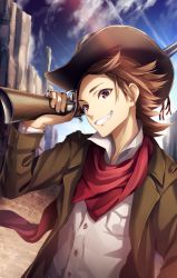 Rule 34 | 1boy, bandana, blue sky, breast pocket, brown eyes, brown hair, brown hat, brown jacket, copyright request, day, grin, gun, hat, holding, holding gun, holding weapon, jacket, male focus, official art, outdoors, pocket, sky, smile, standing, tokumaru, upper body, weapon