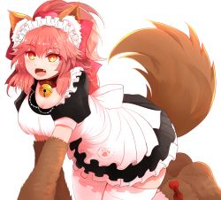 Rule 34 | 1girl, :d, animal ear fluff, animal ears, animal hands, apron, arano oki, bell, blush, bow, breasts, brown footwear, brown gloves, cleavage, collar, commentary request, dress, fang, fate/grand order, fate (series), fox ears, fox girl, fox tail, frilled dress, frills, gloves, hair between eyes, hair bow, high ponytail, jingle bell, large breasts, looking at viewer, maid, maid headdress, neck bell, open mouth, paw gloves, paw shoes, pink hair, pleated dress, ponytail, puffy short sleeves, puffy sleeves, red bow, red collar, red eyes, shoes, short sleeves, simple background, smile, solo, tail, tail raised, tamamo (fate), tamamo cat (fate), tamamo cat (second ascension) (fate), white apron, white background