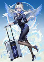 Rule 34 | 1girl, aircraft, airplane, blue footwear, blue jacket, blue skirt, blue sky, breasts, employee uniform, flight, flight attendant, full body, gloves, hair between eyes, high-waist skirt, high heels, highres, holding, holding luggage, holding suitcase, jacket, large breasts, legs, light blush, long hair, long legs, looking at viewer, original, pantyhose, pumps, rolling suitcase, shoes, sidelocks, skin tight, skirt, sky, smile, solo, star (sky), starry sky, stiletto heels, suitcase, tarutaru yamaoka, travel attendant, uniform, white gloves, white hair, wings