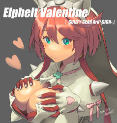 Rule 34 | 10s, 1girl, 2016, bad anatomy, blush, breasts, character name, cleavage, copyright name, dated, elphelt valentine, fingerless gloves, fingernails over gloves, gloves, green eyes, grey background, guilty gear, guilty gear xrd, heart, large breasts, looking at viewer, pink hair, short hair, smile, solo, twitter username, zaki (narashigeo)