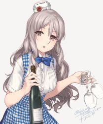 Rule 34 | 1girl, alcohol, alternate costume, apron, blue bow, blue bowtie, blue ribbon, bottle, bow, bowtie, breasts, brown eyes, button gap, collared shirt, cup, dated, dress shirt, drinking glass, employee uniform, gingham, gingham apron, grey background, grey hair, hat, kantai collection, kobeya uniform, long hair, looking at viewer, medium breasts, mini hat, pola (kancolle), ribbon, rokuwata tomoe, shirt, short sleeves, signature, simple background, solo, thick eyebrows, twitter username, uniform, upper body, wavy hair, white shirt, wine, wine bottle, wine glass