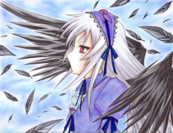 Rule 34 | 00s, 1girl, black wings, expressionless, feathered wings, feathers, flower, frills, from side, hairband, iroha (nullpo), lolita hairband, pink eyes, puffy sleeves, rose, rozen maiden, silver hair, solo, suigintou, upper body, wings