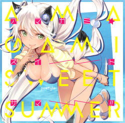 Rule 34 | 1girl, album cover, animal ears, bikini, blue bikini, breasts, chain, cleavage, collar, cover, english text, fang, finger to mouth, glint, green eyes, highres, holding, holding knife, hood, hooded jacket, jacket, knife, kojiki-life, long hair, looking at viewer, low twintails, open clothes, open jacket, open mouth, original, sandals, solo, swimsuit, tail, twintails, very long hair, white hair