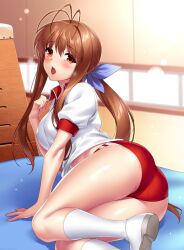 Rule 34 | 1girl, alternate costume, antenna hair, arm support, ass, blue ribbon, breasts, brown eyes, brown hair, buruma, clannad, collar, commentary request, commission, eyelashes, eyes visible through hair, furukawa sanae, gym uniform, hair between eyes, hair ribbon, hand up, head tilt, indoors, large breasts, legs, lens flare, looking at viewer, looking back, lying, on side, open mouth, ponytail, red buruma, red collar, ribbon, shiny skin, shirt, short sleeves, shy, sidelocks, skeb commission, socks, solo, sweat, thighs, white footwear, white shirt, white socks, zen (kamuro)