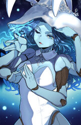 Rule 34 | 1girl, alternate costume, animal ears, artist name, blowing kiss, blue eyes, blue hair, blue skin, breasts, cleavage, colored skin, commentary request, cracked skin, detached collar, doll joints, elden ring, extra arms, extra faces, facial tattoo, fake animal ears, forehead, fujioka yatsufusa, glowing, glowing tattoo, hat, highres, jewelry, joints, large hat, leotard, long hair, looking at viewer, medium breasts, one eye closed, own hands together, playboy bunny, rabbit ears, ranni the witch, ring, solo, strapless, strapless leotard, tattoo, wavy hair, wedding ring, white hat, white leotard, witch, witch hat