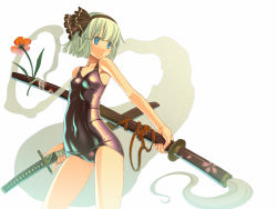 Rule 34 | 1girl, bare shoulders, black one-piece swimsuit, blue eyes, breasts, cameltoe, cowboy shot, dual wielding, female focus, flower, ghost, highres, hitodama, holding, konpaku youmu, konpaku youmu (ghost), one-piece swimsuit, sakuya tsuitachi, scabbard, school swimsuit, sheath, sheathed, short hair, silver hair, simple background, small breasts, solo, swimsuit, sword, thighs, touhou, weapon, wet, white background