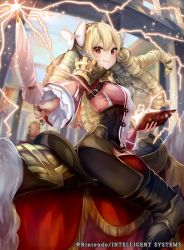 Rule 34 | 1girl, armor, blonde hair, bow, brown eyes, company connection, copyright name, detached sleeves, drill hair, fire emblem, fire emblem awakening, fire emblem cipher, hair bow, horse, horseback riding, long hair, looking at viewer, looking back, magic, maribelle (fire emblem), nintendo, official art, pants, parasol, pisuke, riding, shoulder armor, solo, thighhighs, umbrella