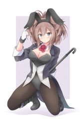 Rule 34 | 1girl, alternate costume, animal ears, ascot, black coat, black footwear, black leotard, black pantyhose, blue eyes, boots, breasts, brown hair, cane, cleavage, coat, coattails, commentary request, commission, detached collar, flower, gloves, highres, kantai collection, kneeling, large breasts, leotard, long hair, messy hair, pantyhose, playboy bunny, rabbit ears, rabbit tail, red ascot, red flower, red rose, rose, sheffield (kancolle), shizuna kaede, skeb commission, solo, tail, tailcoat, vest, white gloves, white vest
