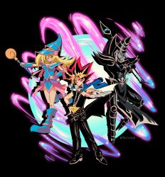 Rule 34 | 1girl, 2boys, absurdres, belt, belt collar, black footwear, black hair, black pants, black shirt, blonde hair, blue jacket, card, chain, closed mouth, collar, collarbone, commentary, dark magician, dark magician girl, duel disk, duel monster, dyed bangs, energy, hand on own hip, hand up, highres, jacket, jewelry, millennium puzzle, multicolored hair, multiple boys, necklace, pants, phil vzq, shirt, shoes, spiked hair, yami yugi, yu-gi-oh!