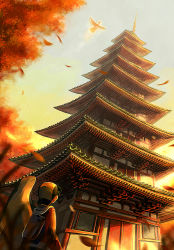 Rule 34 | 00s, 1boy, architecture, autumn, autumn leaves, backpack, bag, bird, black hair, creatures (company), east asian architecture, ethan (pokemon), from behind, from below, game freak, gen 2 pokemon, hat, ho-oh, leaf, legendary pokemon, looking up, male focus, nature, nintendo, outdoors, pagoda, plant, pokemon, pokemon (creature), pokemon hgss, sasakure (mogunonbi), sky, solo, typhlosion