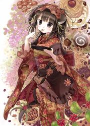 Rule 34 | 1girl, acorn, animal ears, apron, berry, black eyes, blunt bangs, brown hair, cat ears, cat tail, chestnut, chrysanthemum, dango, eating, floral background, flower, food, fork, hairband, highres, japanese clothes, kimono, kuroinu, long hair, obi, original, pie, plate, ribbon, sash, skewer, smile, solo, spider lily, stuffed toy, tail, tail ornament, tail ribbon, utensil in mouth, wagashi, waist apron, wisteria