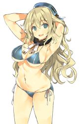 Rule 34 | 10s, 1girl, :d, adapted costume, armpits, arms behind head, atago (kancolle), beret, bikini, blonde hair, blue bikini, blue eyes, breasts, cleavage, groin, hat, kantai collection, large breasts, long hair, looking at viewer, navel, open mouth, shimeji (4 me ji), side-tie bikini bottom, simple background, smile, solo, swimsuit, underboob, white background