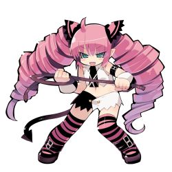 Rule 34 | 00s, 1girl, ahoge, blush, drill hair, esmerelda, fangs, flat chest, full body, green eyes, long hair, petite, pink hair, pointy ears, saint october, simple background, solo, standing, striped clothes, striped thighhighs, tail, thighhighs, twintails, v-shaped eyebrows, very long hair, whip, white background, zankuro
