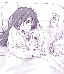 Rule 34 | 10s, 2girls, ayase eli, bed, blush, flying sweatdrops, hair down, head on chest, highres, long hair, long sleeves, looking at another, love live!, love live! school idol project, lying, monochrome, multiple girls, on side, pajamas, pillow, shared blanket, smile, sonoda umi, under covers, yukiiti, yuri