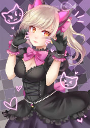 Rule 34 | 1girl, animal ears, black cat d.va, black dress, black gloves, blonde hair, bow, breasts, cat ears, chiroyo, cleavage, d.va (overwatch), dress, gloves, lolita fashion, long hair, looking at viewer, medium breasts, official alternate costume, overwatch, overwatch 1, paw pose, pink bow, puffy short sleeves, puffy sleeves, short sleeves, solo, twintails, watermark, yellow eyes