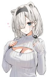 Rule 34 | 1girl, alternate costume, animal ears, arknights, aurora (arknights), bear ears, black headband, blue eyes, blush, breasts, cleavage, commentary, hair over one eye, headband, heart, highres, horn/wood, large breasts, long hair, looking at viewer, meme attire, open-chest sweater, ribbed sweater, simple background, smile, solo, sweater, upper body, white background, white hair, white sweater, white theme