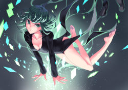 Rule 34 | 1girl, barefoot, between thighs, black dress, black footwear, breasts, cleavage, collarbone, dress, feet, flats, flipped hair, full body, gradient background, green eyes, green hair, jh, long sleeves, looking to the side, matching hair/eyes, no panties, one-punch man, shoes, unworn shoes, short hair, side slit, small breasts, soles, solo, tatsumaki
