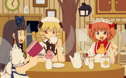 Rule 34 | 3girls, :d, analog clock, ascot, back bow, beret, black bow, black bowtie, blonde hair, blue bow, blunt bangs, blunt ends, book, bottle, bow, bowtie, brown eyes, cabinet, chair, clock, coffee pot, covered mouth, crossed arms, cup, drill hair, drink, drinking, eyes visible through hair, fairy, fairy wings, fang, flower, frilled sleeves, frills, from side, hair between eyes, hair bow, hairband, hand up, hands up, hat, high collar, holding, holding book, holding cup, index finger raised, indoors, lantern, looking ahead, looking at another, looking at viewer, looking to the side, luna child, milk, milk bottle, mirror, mug, multiple girls, note, on chair, open book, open mouth, orange hair, paper, pink flower, print mug, profile, puffy short sleeves, puffy sleeves, purple eyes, red bow, red eyes, renzaoshen, retro artstyle, room, saucer, short hair, short sleeves, sideways mouth, sleeve bow, smile, star sapphire, straight hair, sun print, sunny milk, table, tape, teacup, touhou, transparent wings, tree, treehouse, two side up, upper body, vase, wall clock, white bow, white hairband, white headwear, wing collar, wings, wooden chair, wooden table, yellow ascot
