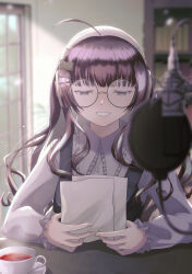 Rule 34 | 1girl, absurdres, ahoge, blunt bangs, blurry, blurry background, blurry foreground, book hair ornament, brown eyes, brown hair, cup, glasses, hair ornament, hairclip, highres, indie virtual youtuber, indoors, long hair, long sleeves, microphone, paper, parted lips, pop filter, solo, takllou, teacup, upper body, virtual youtuber, yomiyama humino