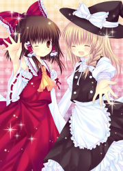 Rule 34 | 2girls, apron, bad id, bad pixiv id, blonde hair, braid, brown hair, detached sleeves, dress, closed eyes, female focus, frills, glitter, hair ornament, hakurei reimu, hat, japanese clothes, kirisame marisa, miko, minase ruka, mizuse ruka, multiple girls, open mouth, outstretched arm, outstretched hand, ribbon, short hair, smile, star (symbol), touhou, wink, witch, witch hat