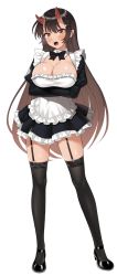 Rule 34 | 1girl, apron, black bow, black bowtie, black dress, black footwear, black thighhighs, bow, bowtie, breast hold, breasts, brown hair, cleavage, commentary request, crossed arms, dark-skinned female, dark skin, dress, enjo kouhai, full body, garter straps, hair ornament, hairclip, high heels, highres, horns, large breasts, long hair, long sleeves, looking at viewer, maid, maid apron, oni horns, open mouth, orange eyes, origamine ouka, puffy long sleeves, puffy sleeves, short dress, simple background, solo, standing, straight hair, takunomi, thighhighs, white background, wing collar