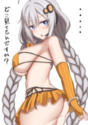 Rule 34 | ..., 1girl, absurdres, ass, bikini, blue eyes, braid, breasts, bright pupils, cowboy shot, elbow gloves, from side, gloves, grey hair, hair ornament, headset, highres, kizuna akari, large breasts, long hair, makochan42, open mouth, orange bikini, orange gloves, sideboob, simple background, solo, standing, striped clothes, striped gloves, swimsuit, translation request, twin braids, voiceroid, white background, white pupils